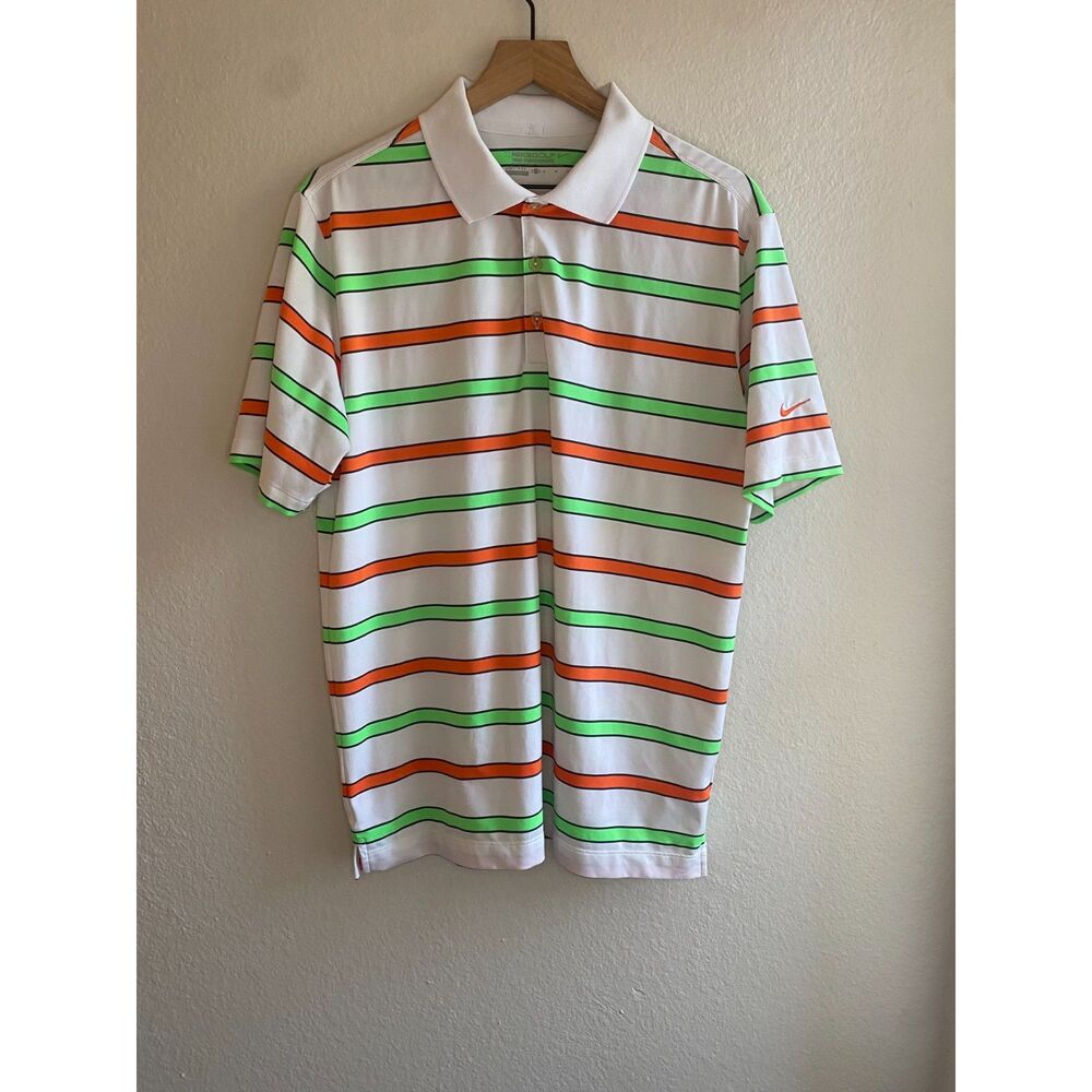 Nike Golf Tour Performance Dri-FIT Polo Mens Medium White Orange Green Striped